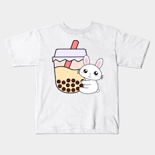 Sweet Baby Rabbit Hugs Bubble Tea Kawaii Cream Boba Tea Kids T-Shirt